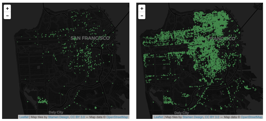 Two maps showing the distribution of multifamily leads before and after the DataScienceSF project.